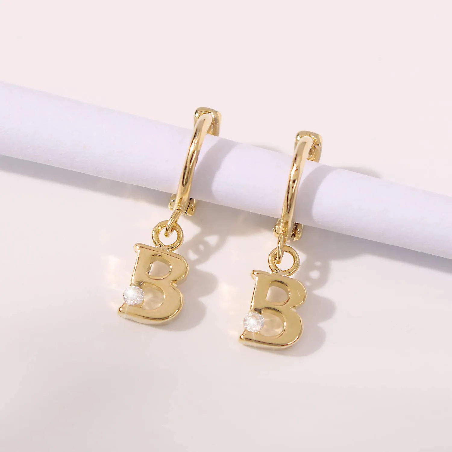 14K Gold Initial Charm Hoop Huggie Earring Handmade Personalized Alphabet Letter CZ Simulated Diamond Cute Hoop Dangle Earrings Gift for Women