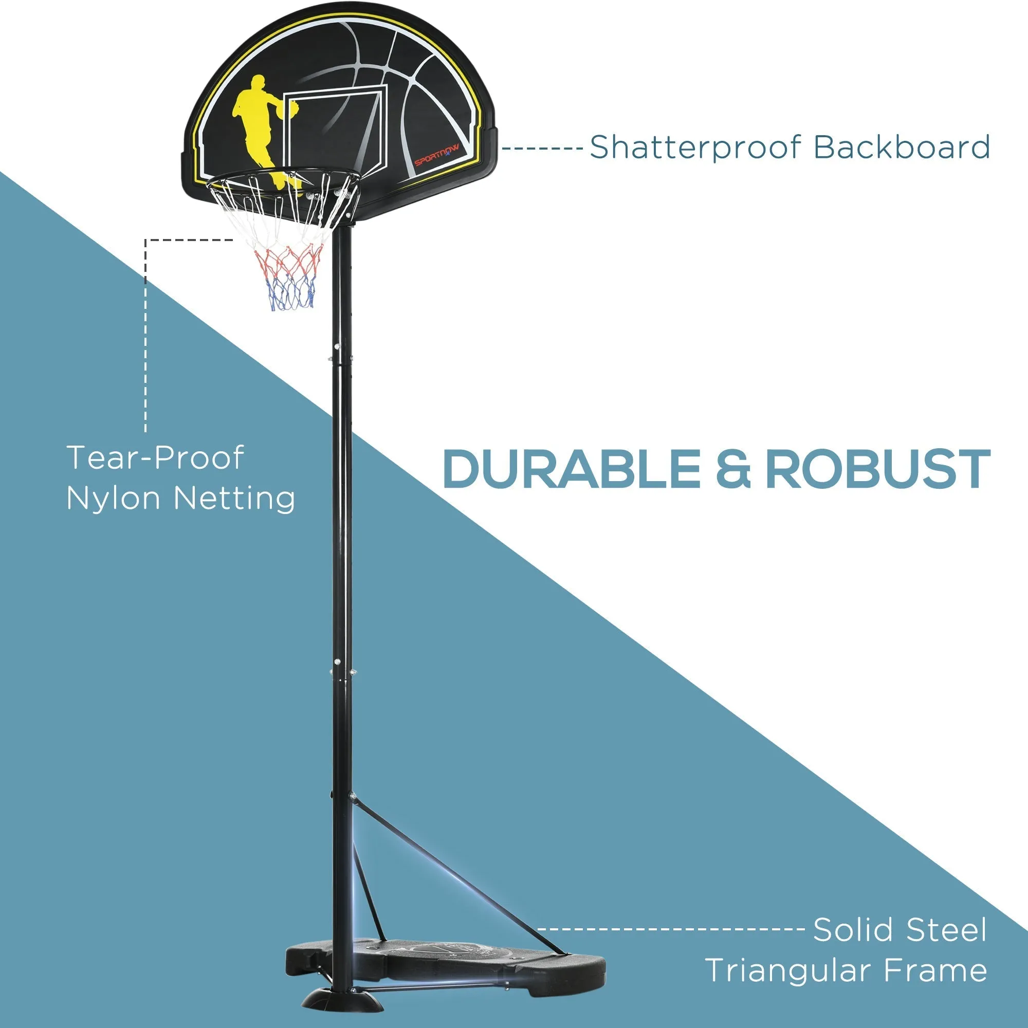 2.1 to 2.6M Adjustable Free Standing Basketball Hoop Weighted Base With Transit Wheels Black & Yellow by Sportnow