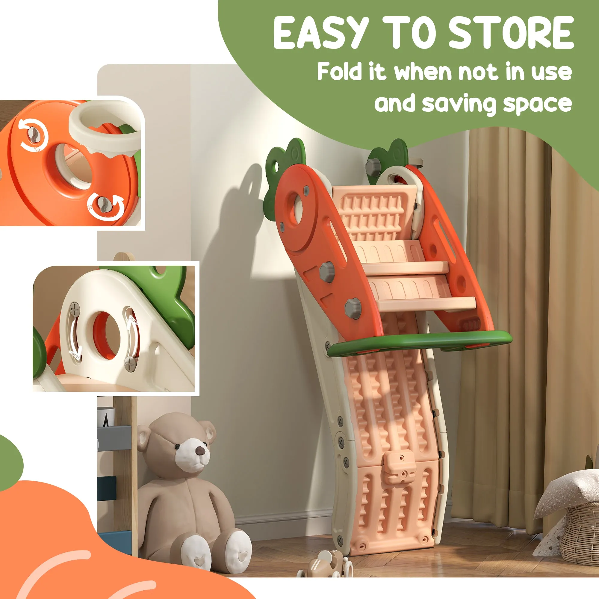 3 in 1 Kids Slide, Carrot-themed Foldable Indoor Slide for 1-3 Years