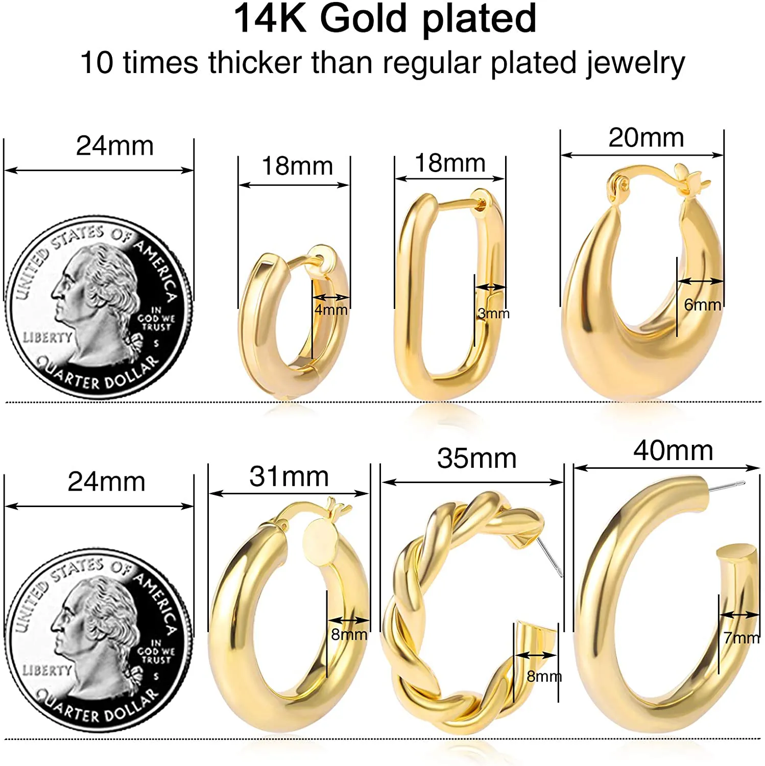 6 Pairs Gold Chunky Hoop Earrings Set for Women Hypoallergenic Thick Open Twisted Huggie Hoop Jewelry for Birthday/Christmas Gifts