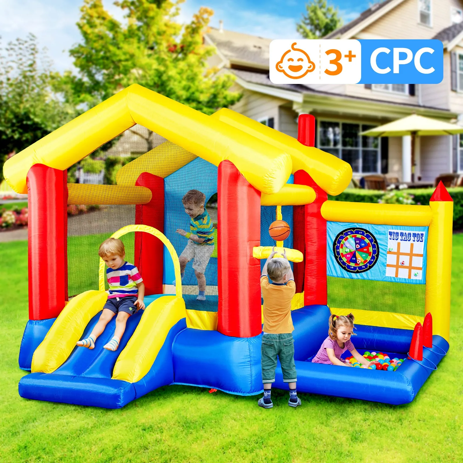 8 in 1 Inflatable Bounce House with Blower Basketball Hoop Ocean Balls Ring-toss Game Target and Sticky Ball Game for Kids