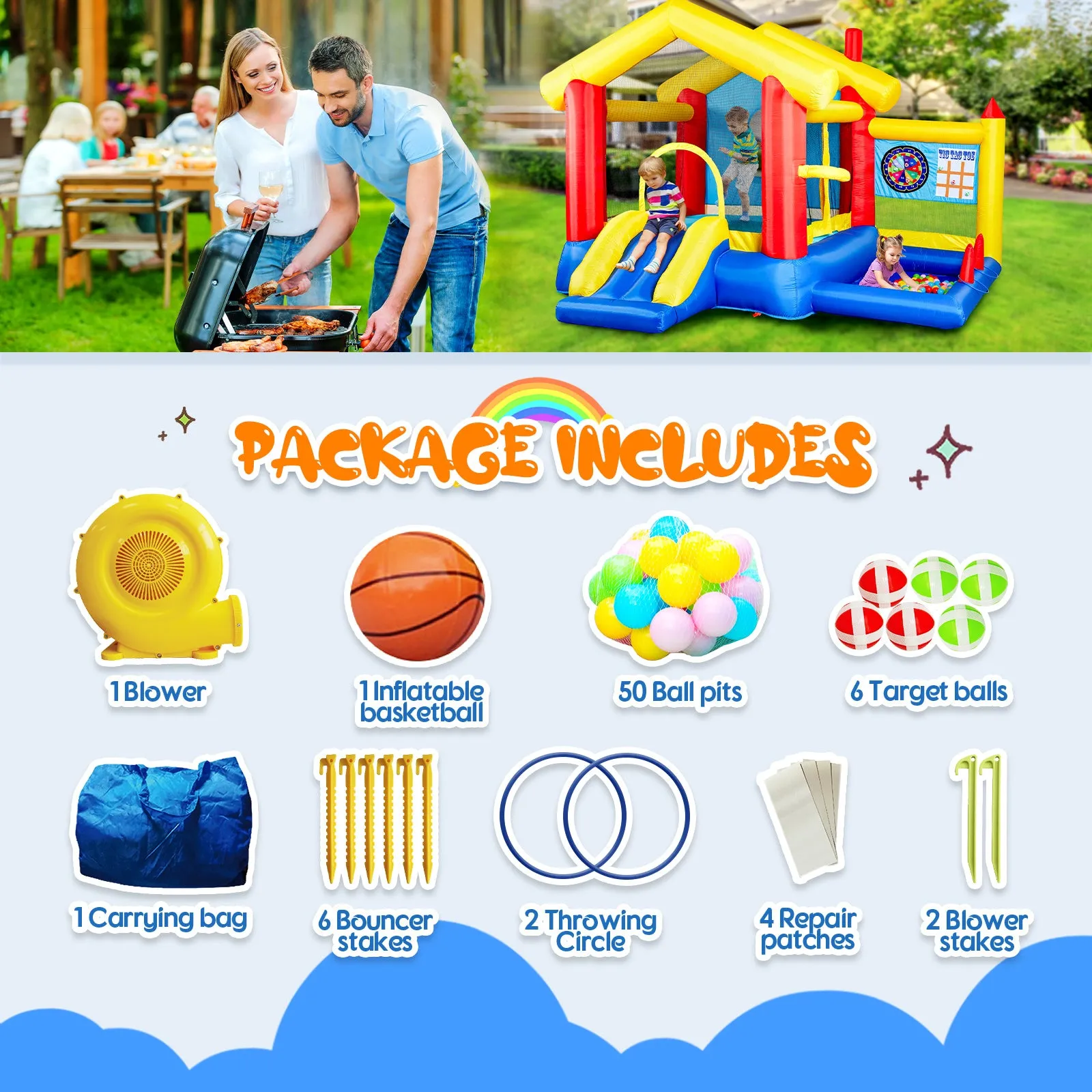 8 in 1 Inflatable Bounce House with Blower Basketball Hoop Ocean Balls Ring-toss Game Target and Sticky Ball Game for Kids