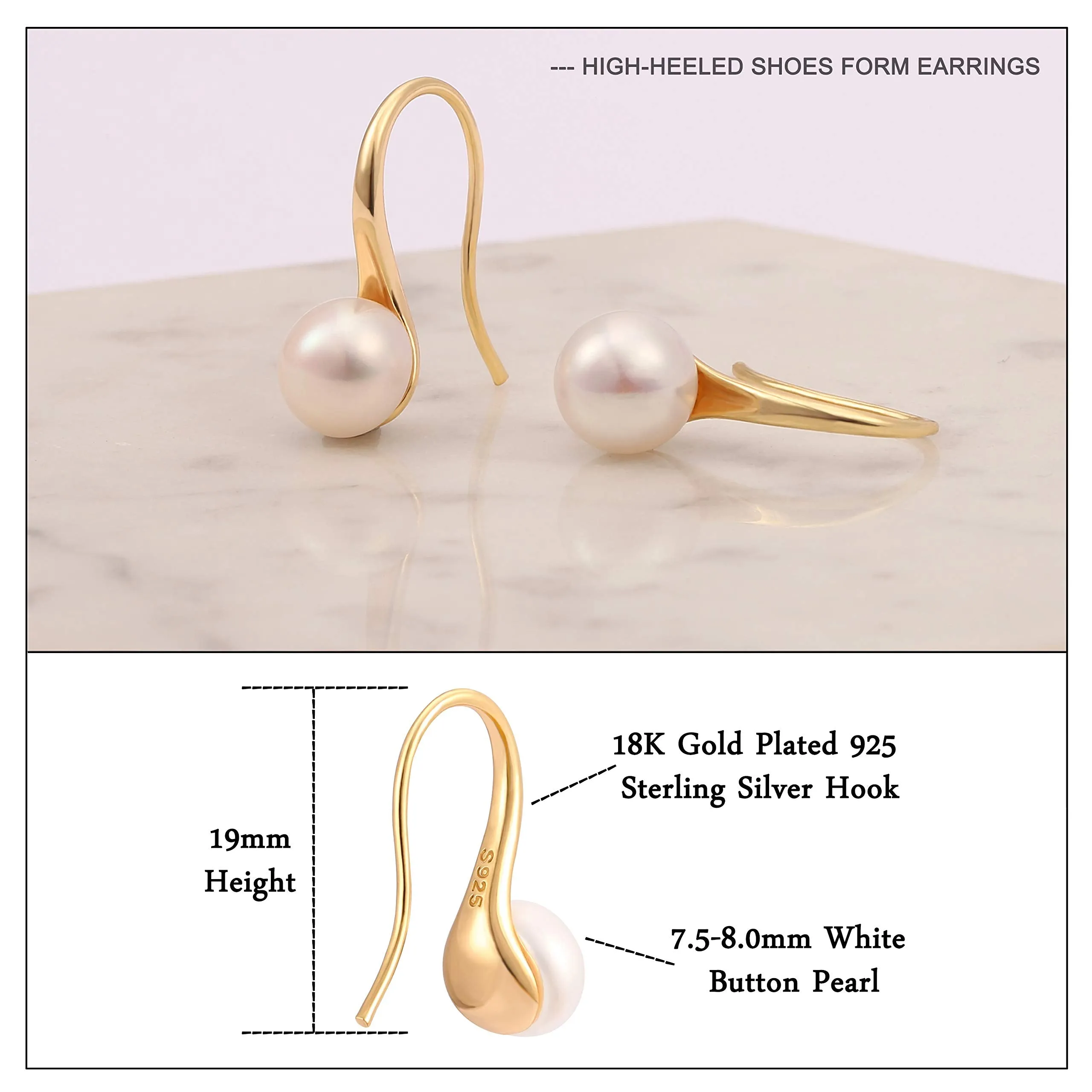 925 Sterling Silver Hoop Handpicked AAA  Quality 7.5-8mm White Freshwater Cultured Pearl Dangle Drop Earrings Jewelry for Women Girls Gold Hook Pearl Earring