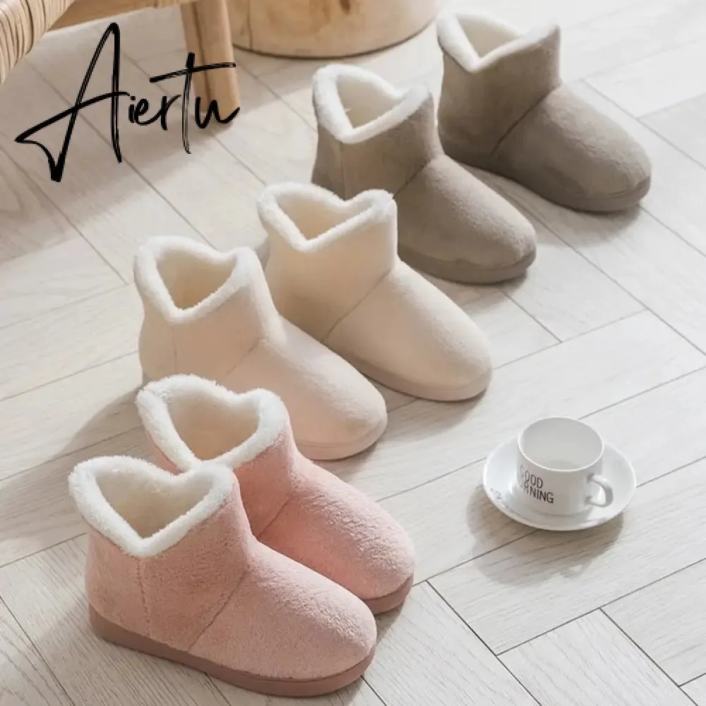 Aiertu Women Winter Slippers Warm Plush Slip-on Couples Home Floor Shoes Anti-slip Comfortable Flats Female Warm Faux Fur Slippers