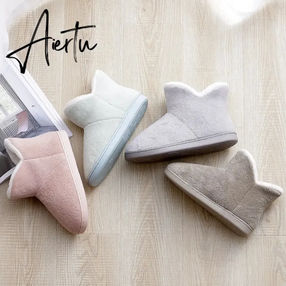 Aiertu Women Winter Slippers Warm Plush Slip-on Couples Home Floor Shoes Anti-slip Comfortable Flats Female Warm Faux Fur Slippers