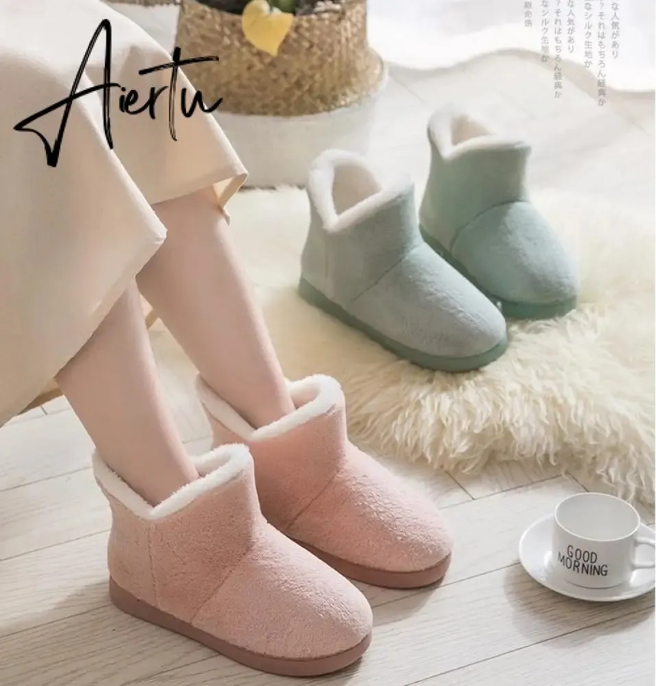 Aiertu Women Winter Slippers Warm Plush Slip-on Couples Home Floor Shoes Anti-slip Comfortable Flats Female Warm Faux Fur Slippers