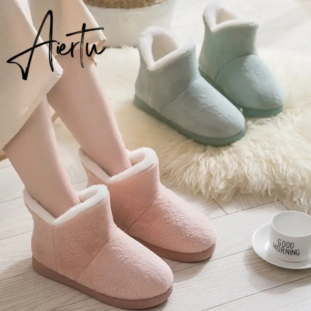 Aiertu Women Winter Slippers Warm Plush Slip-on Couples Home Floor Shoes Anti-slip Comfortable Flats Female Warm Faux Fur Slippers