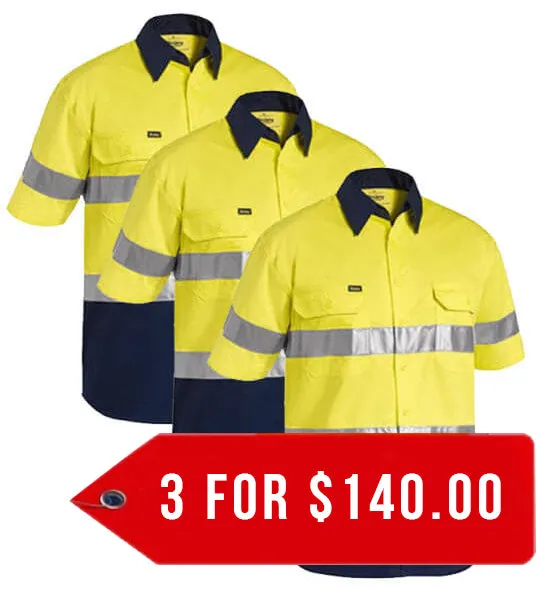 Bisley 3M Taped Two Tone Hi Vis Cool Lightweight Shirt - Short Sleeve-3 Pack-(BS1896-1)