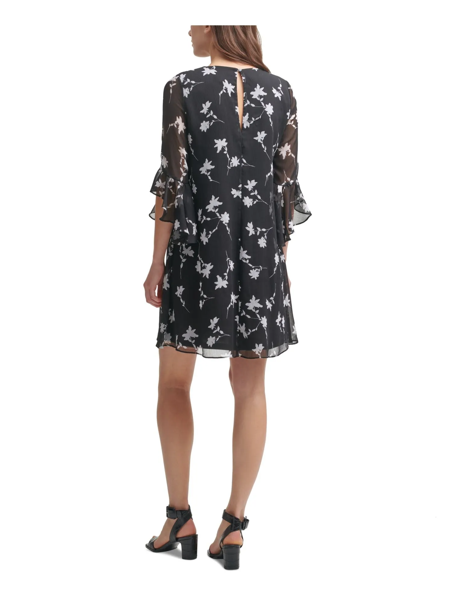 CALVIN KLEIN Womens Black Lined Keyhole Floral Bell Sleeve V Neck Short Shift Dress