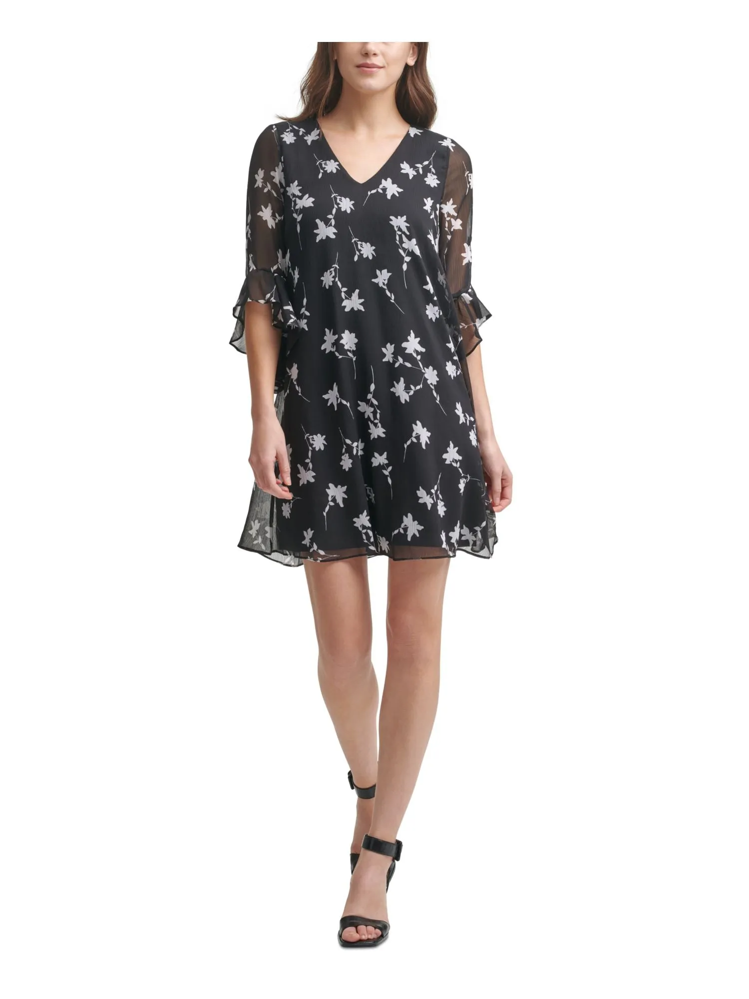 CALVIN KLEIN Womens Black Lined Keyhole Floral Bell Sleeve V Neck Short Shift Dress