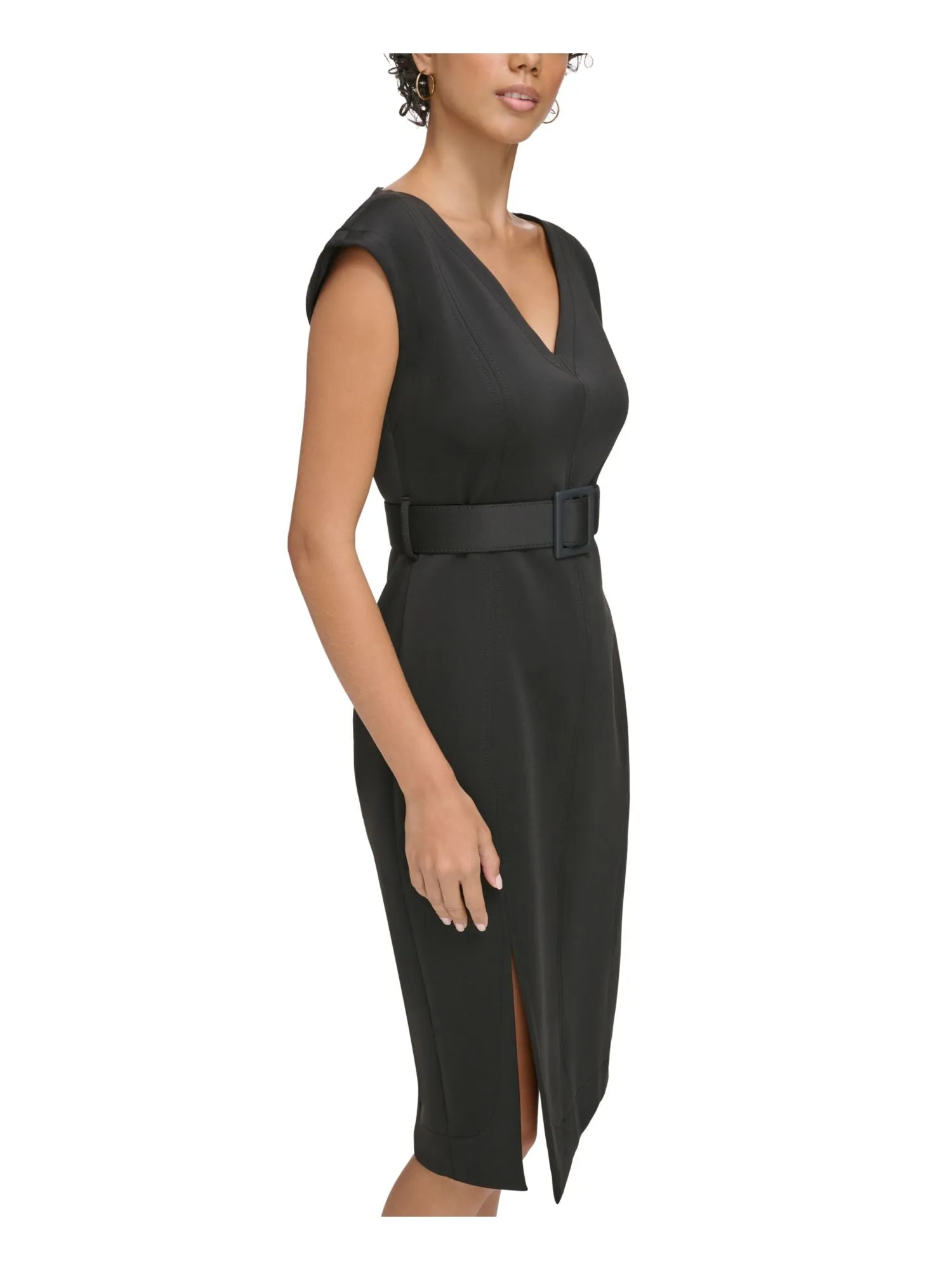 CALVIN KLEIN Womens Black Zippered Belted High Slit Cap Sleeve V Neck Below The Knee Wear To Work Sheath Dress