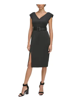 CALVIN KLEIN Womens Black Zippered Belted High Slit Cap Sleeve V Neck Below The Knee Wear To Work Sheath Dress