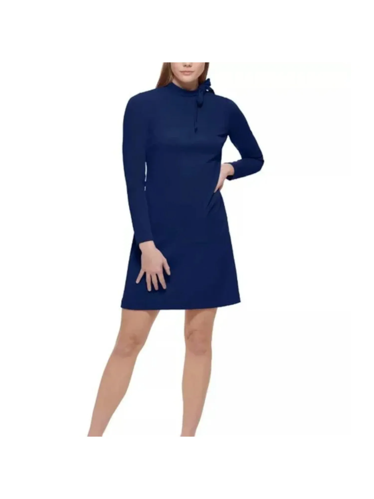 CALVIN KLEIN Womens Blue Zippered Unlined Bow Accent Long Sleeve Mock Neck Above The Knee Wear To Work Sheath Dress