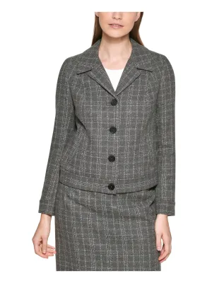 CALVIN KLEIN Womens Gray Pocketed Textured Fitted Plaid Wear To Work Blazer Jacket