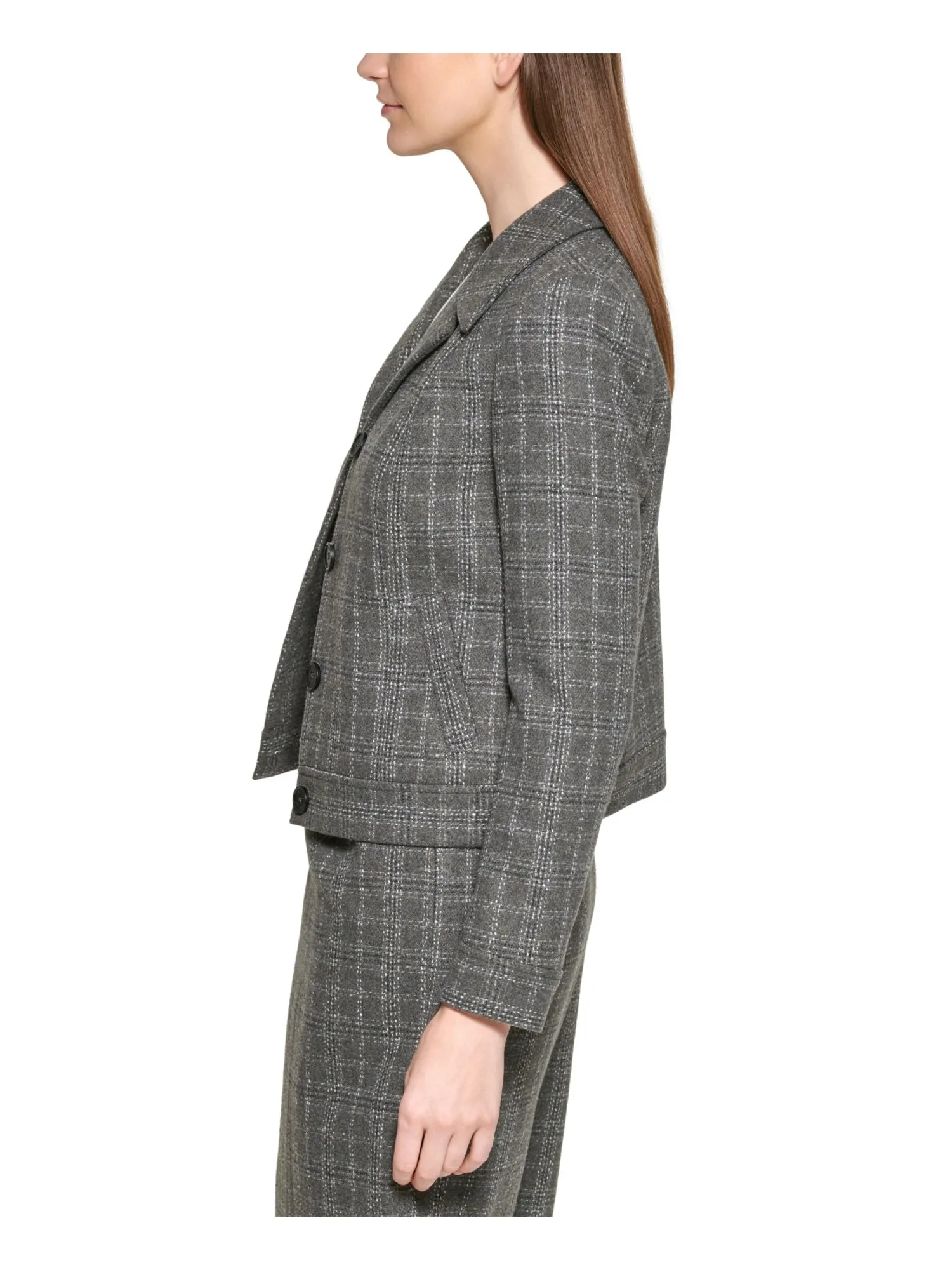 CALVIN KLEIN Womens Gray Pocketed Textured Fitted Plaid Wear To Work Blazer Jacket