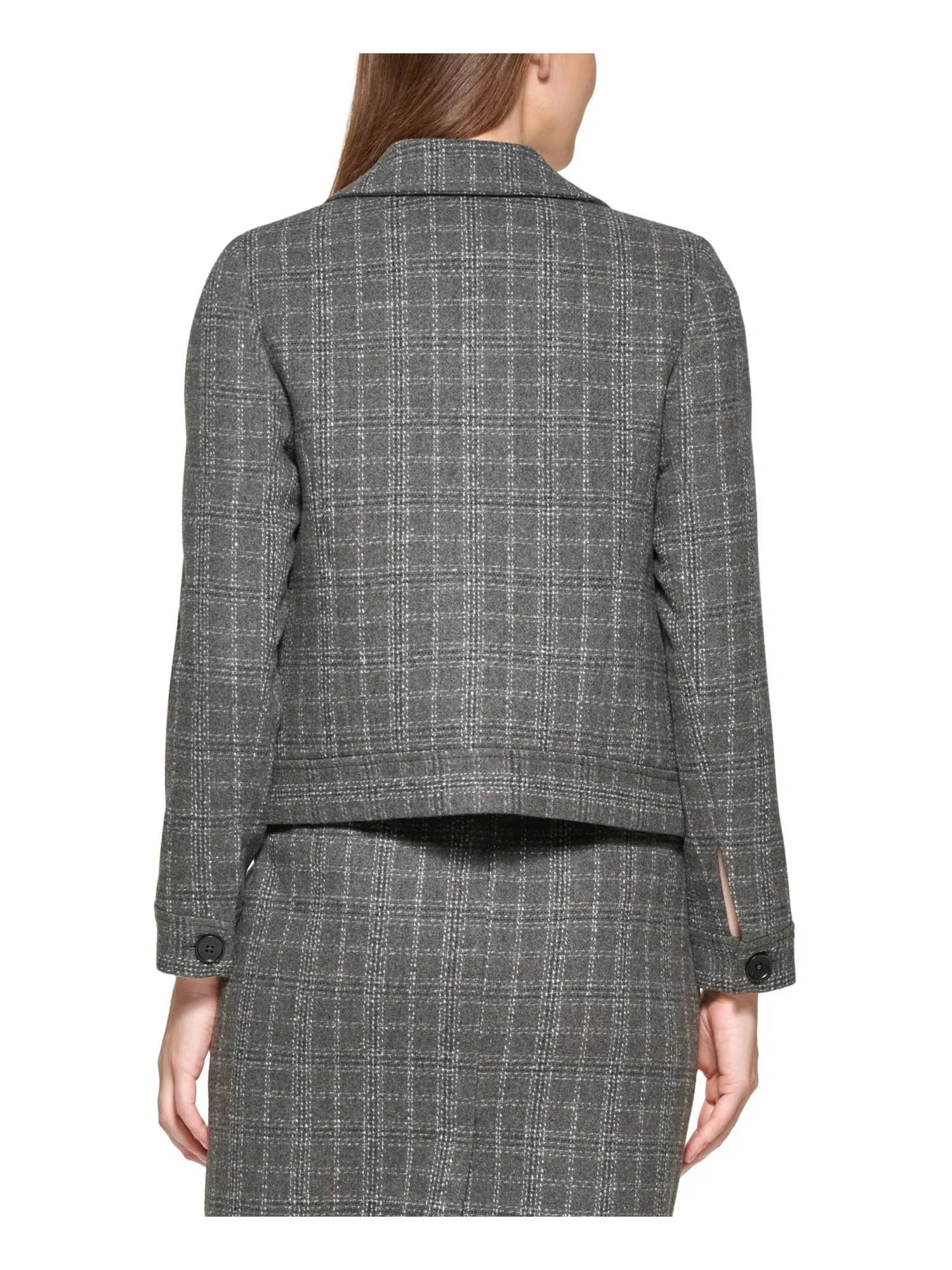 CALVIN KLEIN Womens Gray Pocketed Textured Fitted Plaid Wear To Work Blazer Jacket