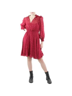 CALVIN KLEIN Womens Red Textured Ruffled Keyhole Sheer Tie Elastic Waist Floral Long Sleeve V Neck Above The Knee Fit   Flare Dress