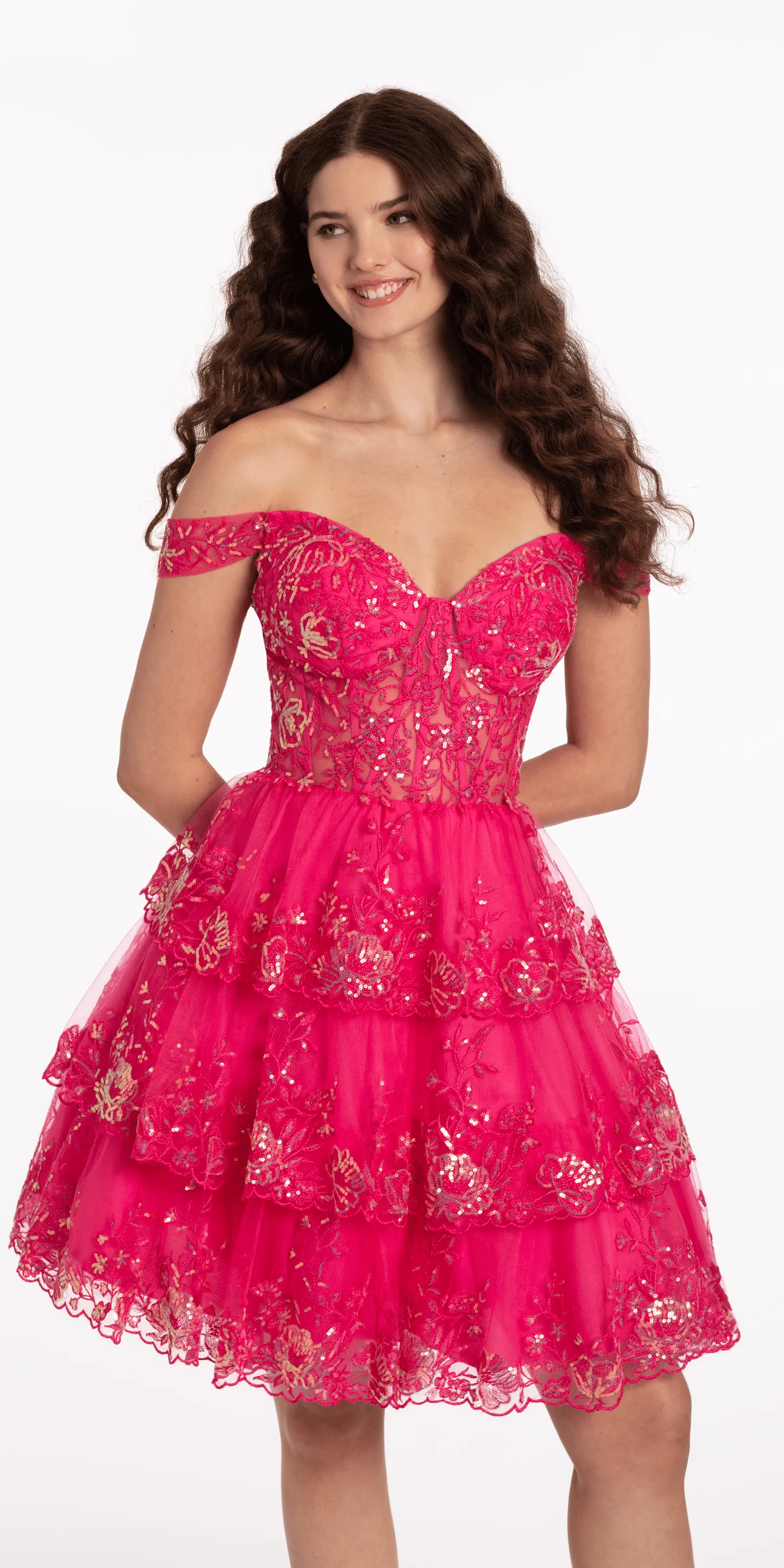 Embroidered Sequin Tiered Mesh Off the Shoulder Fit and Flare Dress