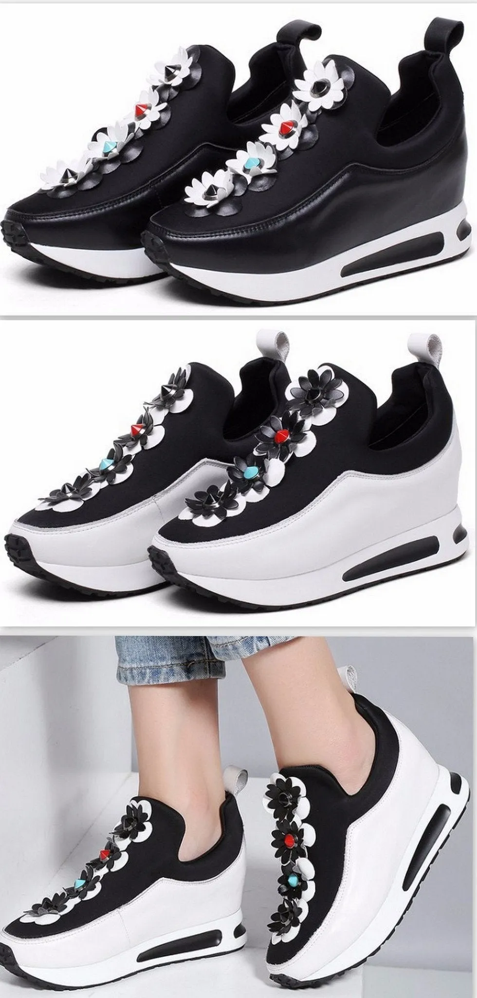 Flower-Appliques Sneakers in Black or White