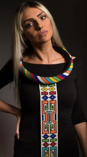 Isigolwani (neck ring) with beaded tie necklace (Torso/ Thigh length) - Multicoloured