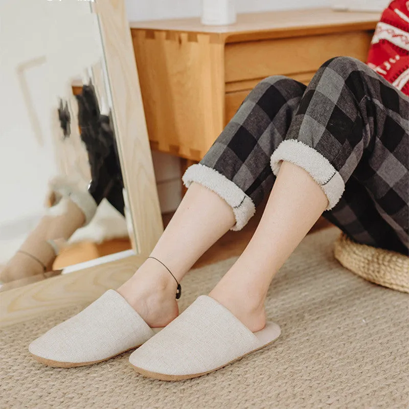 Linen Slippers Japanese Style Silent Household Cotton Shoes Women Winter Bedroom Shoes Indoor Outdoor Non-Slip