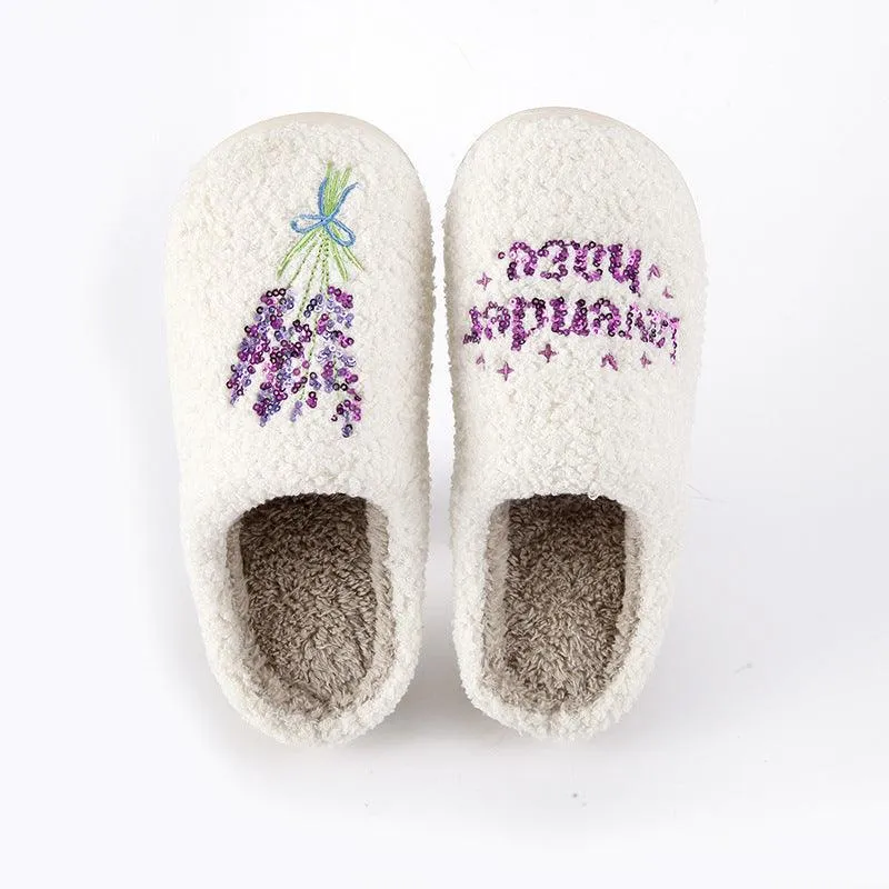 New Home Lavender Warm Winter Cotton Slippers Couple Men And Women Thick Bottom Soft Sole Shoes Thick Non-slip