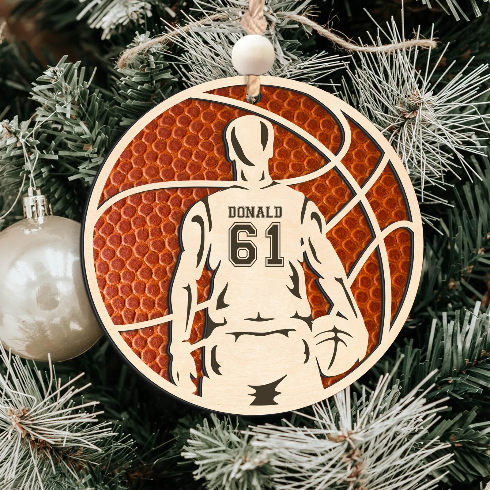 Personalized Basketball Christmas Ornament, Custom Basketball Player 2 Layered Wooden Ornament CF925