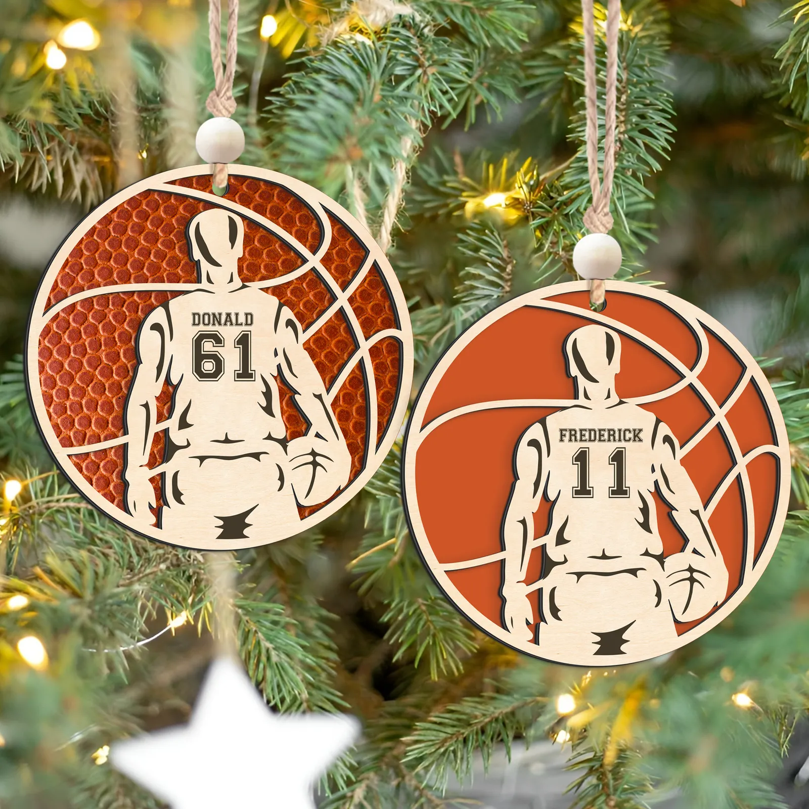 Personalized Basketball Christmas Ornament, Custom Basketball Player 2 Layered Wooden Ornament CF925