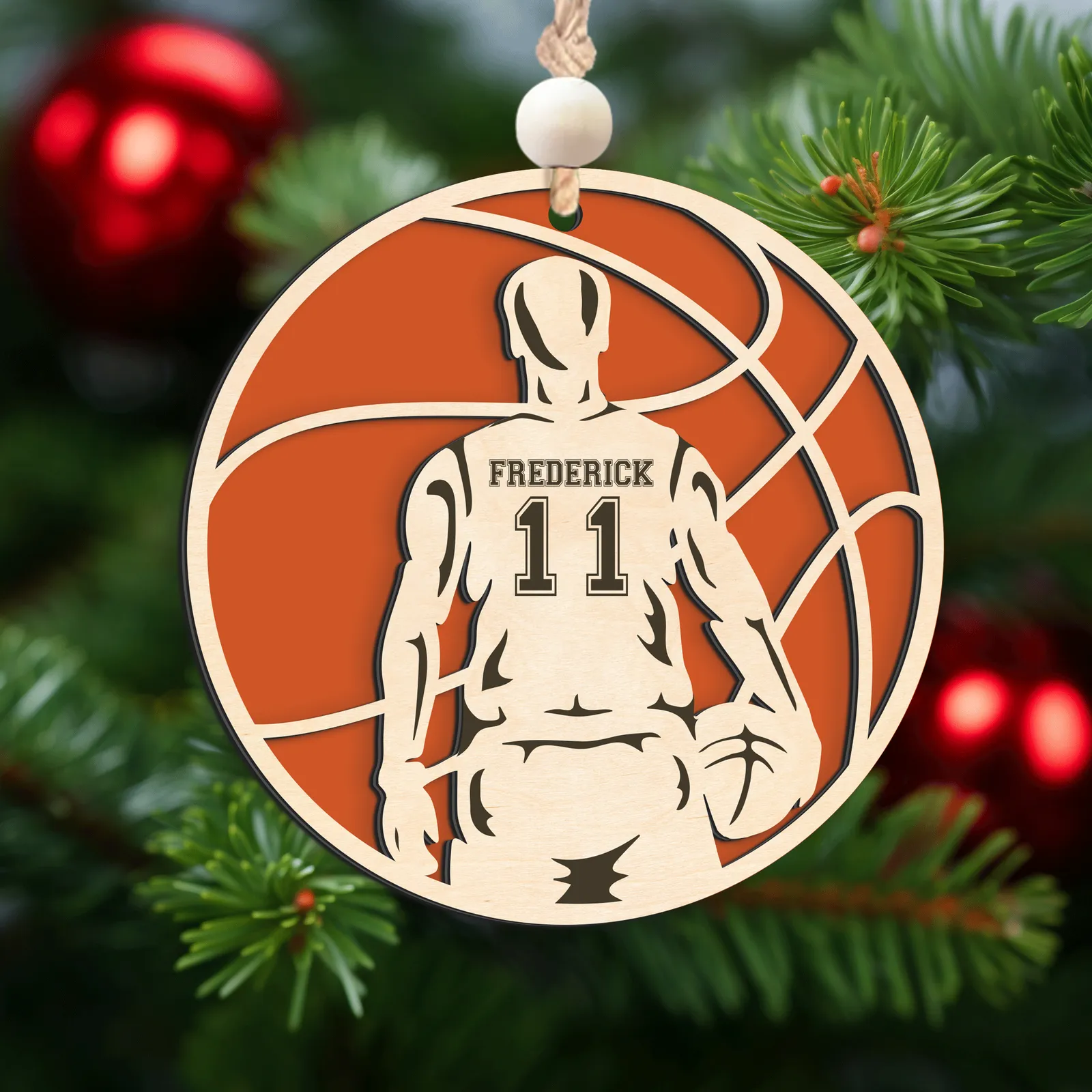 Personalized Basketball Christmas Ornament, Custom Basketball Player 2 Layered Wooden Ornament CF925