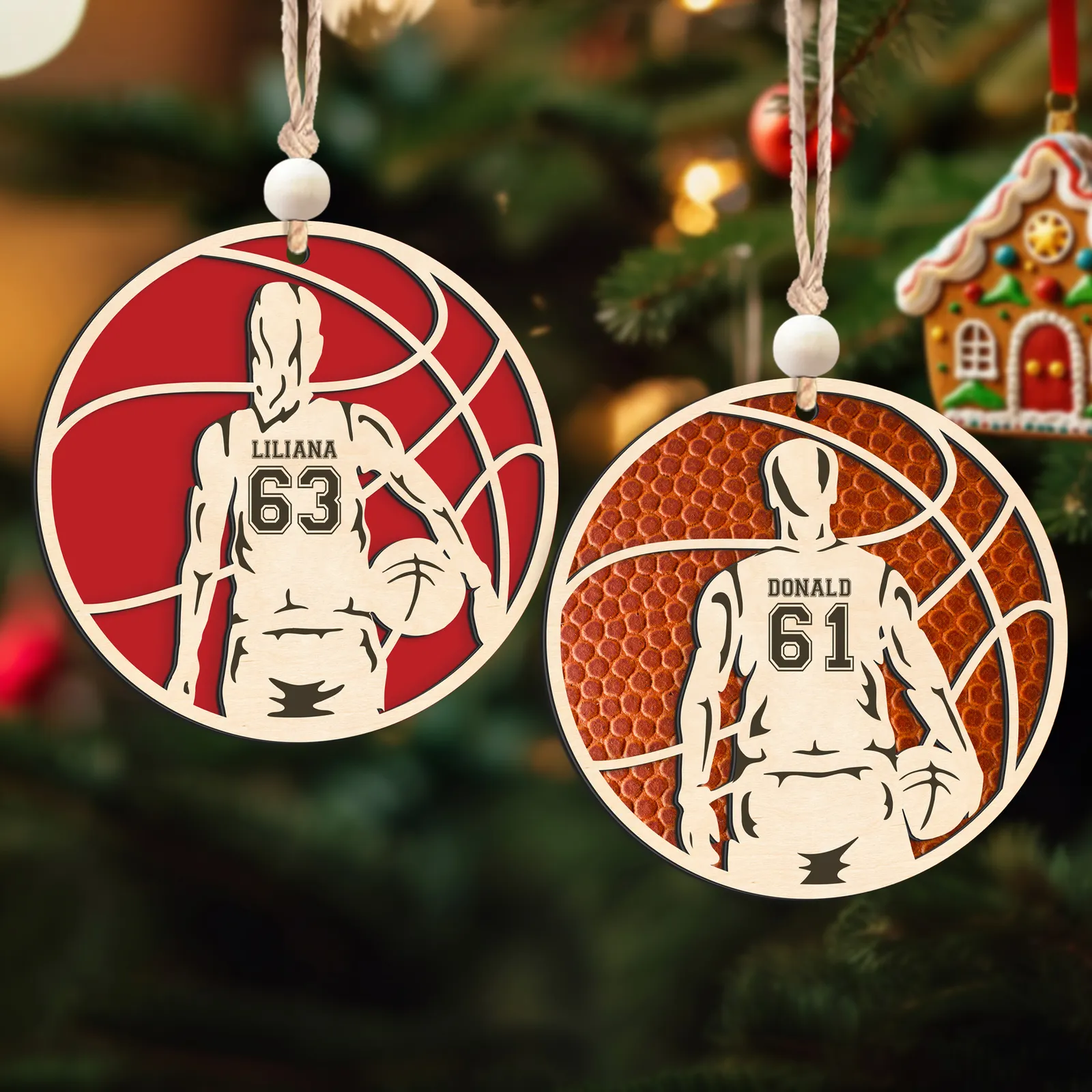 Personalized Basketball Christmas Ornament, Custom Basketball Player 2 Layered Wooden Ornament CF925