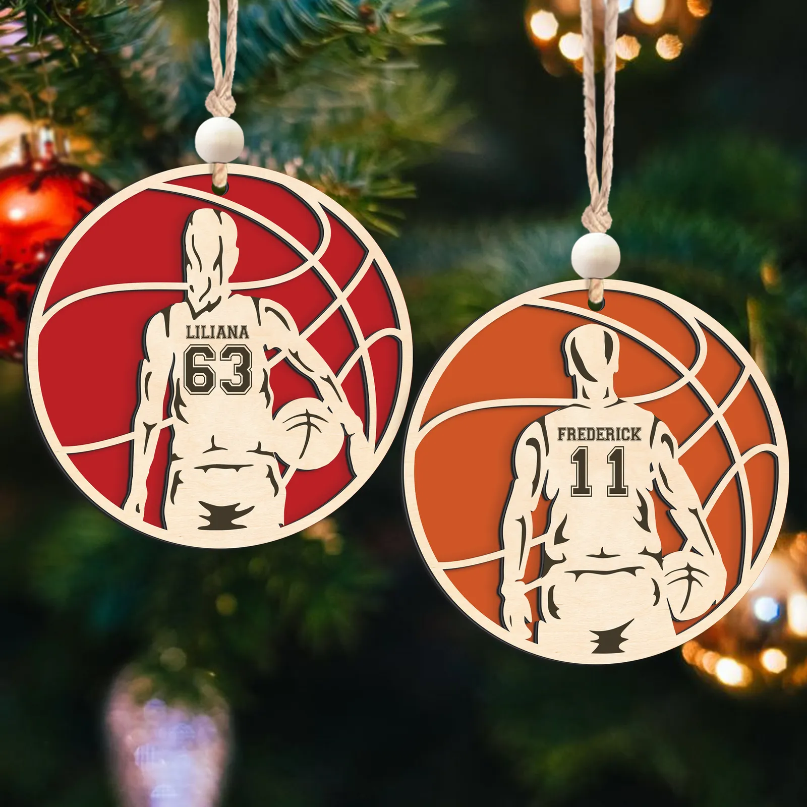 Personalized Basketball Christmas Ornament, Custom Basketball Player 2 Layered Wooden Ornament CF925