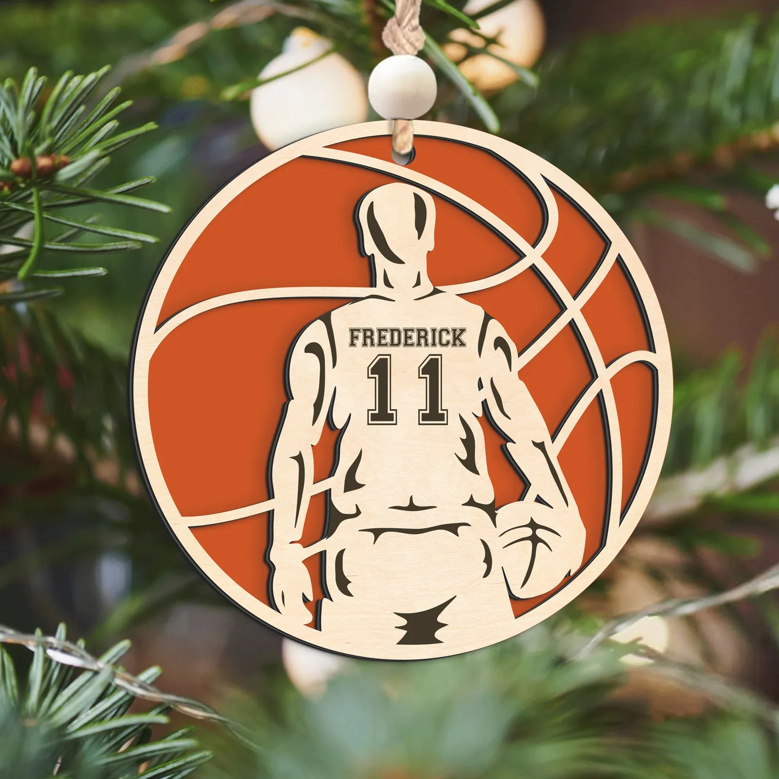 Personalized Basketball Christmas Ornament, Custom Basketball Player 2 Layered Wooden Ornament CF925