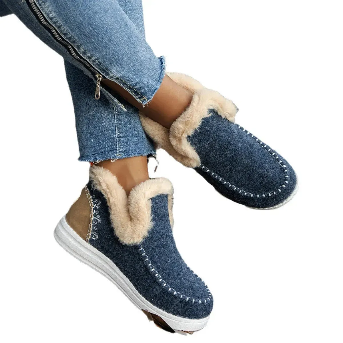 Plus Size Fleece-lined Thicker Raw Edge Warm Flat Bottom Plush Winter boot Shoes for women