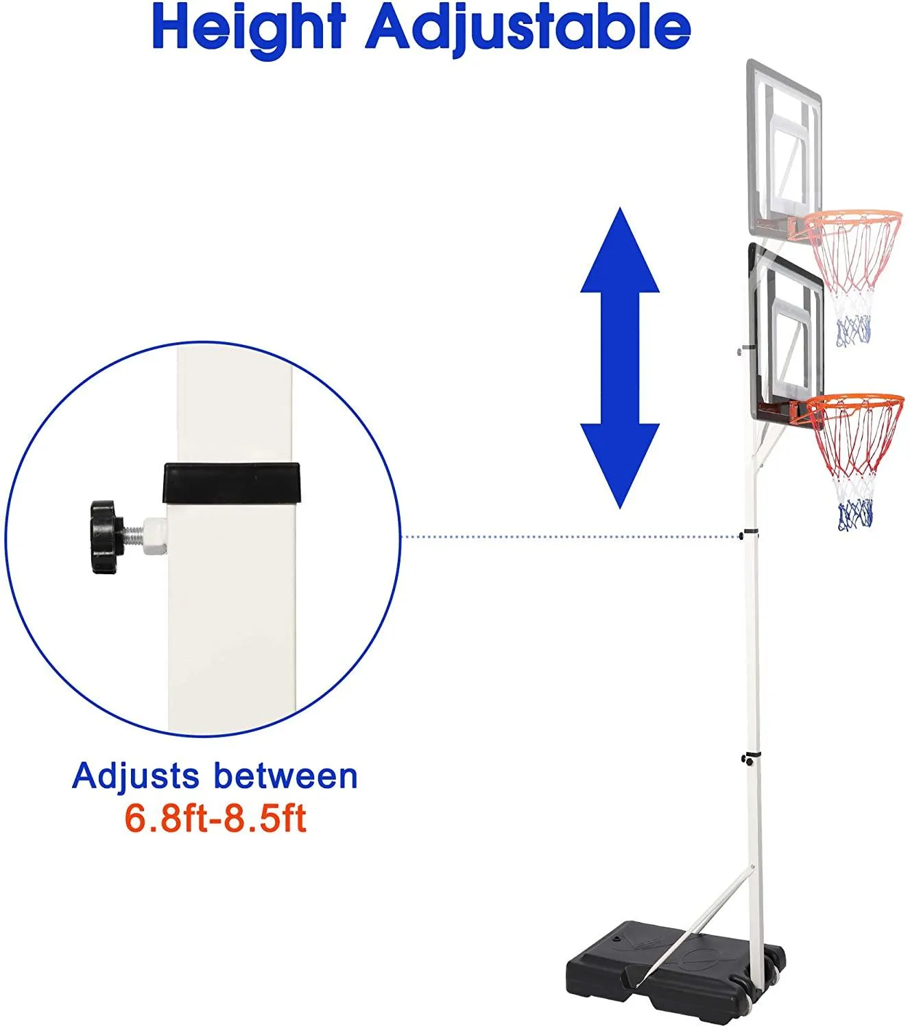 Portable Basketball Hoop Backboard System Stand Outdoor Sports Equipment Height Adjustable 6.8Ft-8.5Ft with Wheels