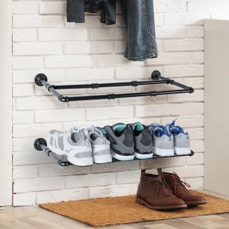 Set of 2 Black Metal Pipe Hanging Shoe and Boot Rack Shelves, Wall Mounted Space Saving Footwear Storage, Holds 6 Pairs