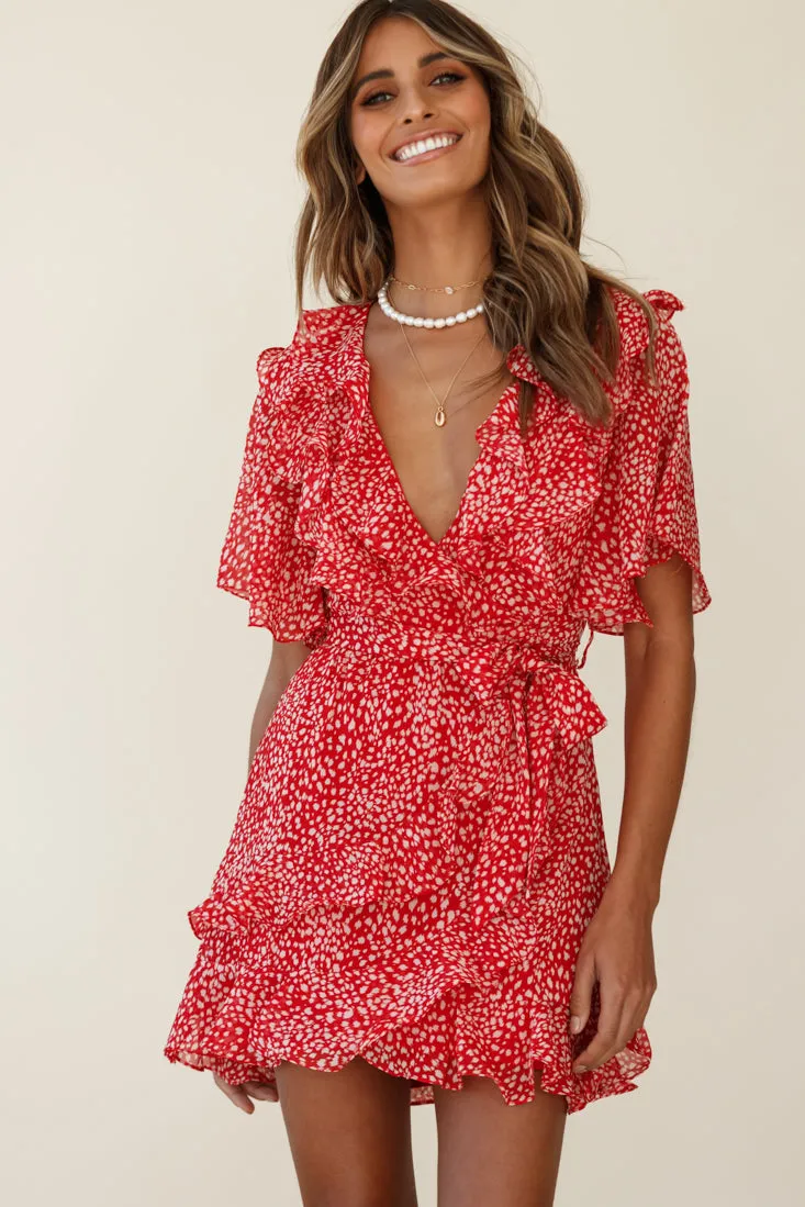 Sweet Talk Short Sleeve Ruffle Detail Dress Speckle Print Red