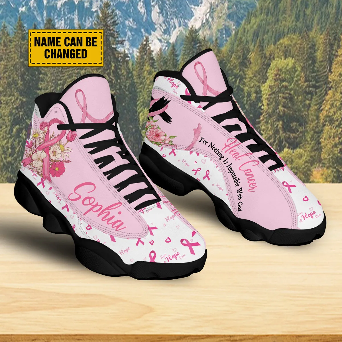 Teesdily | Custom Heal Cancer Nothing Is Impossible With God Running Shoes, Pink Ribbon Breast Cancer Awareness Basketball Shoes