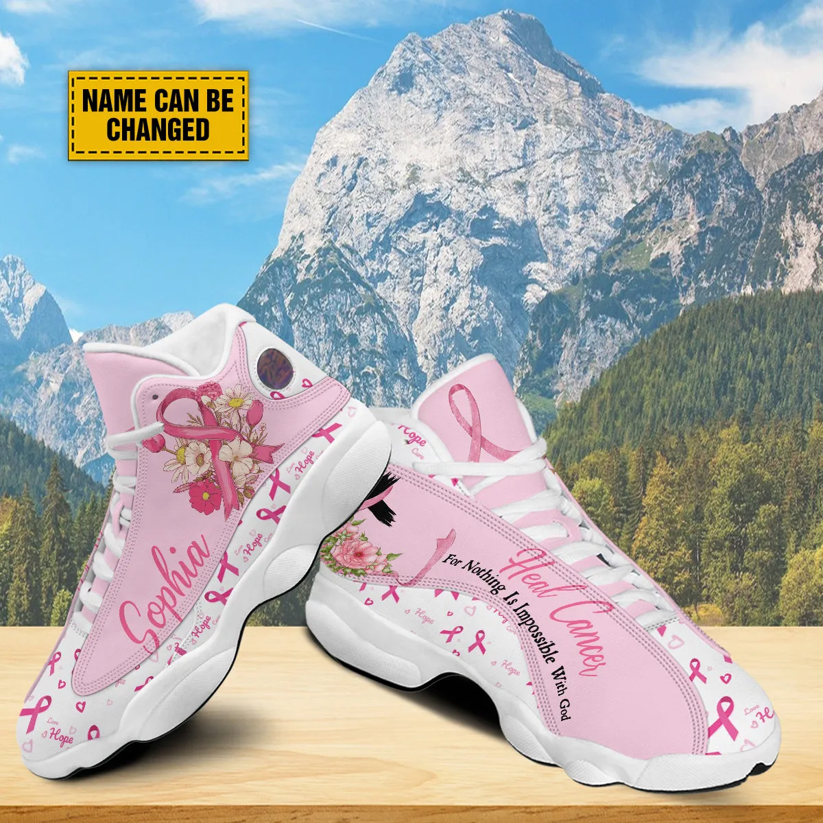 Teesdily | Custom Heal Cancer Nothing Is Impossible With God Running Shoes, Pink Ribbon Breast Cancer Awareness Basketball Shoes