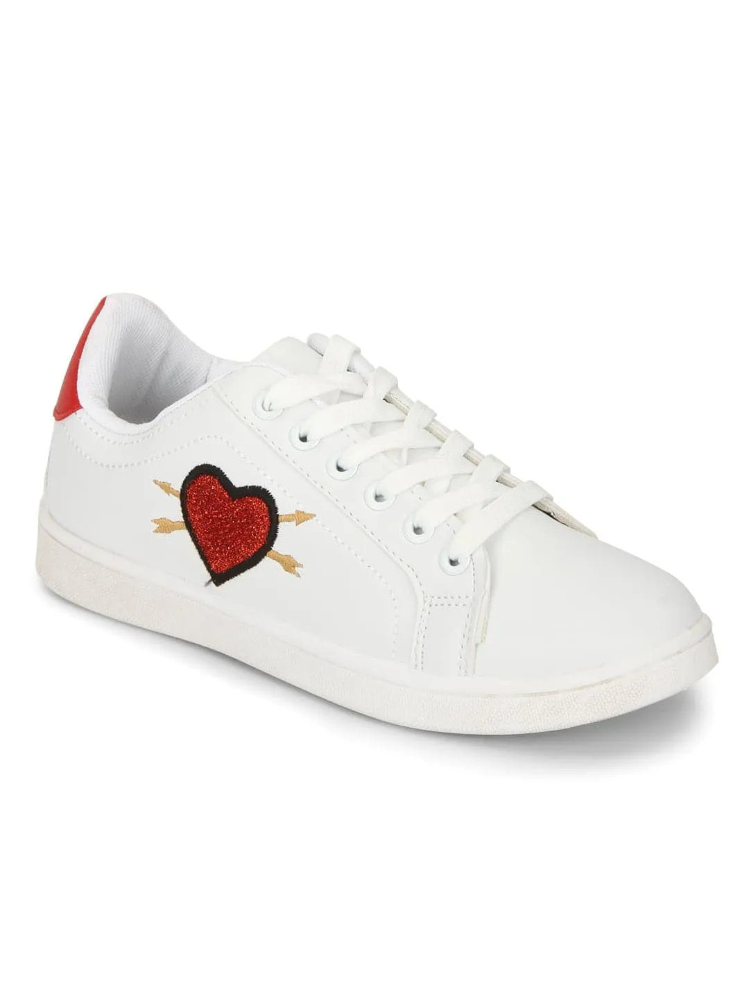 White PU Red Heart Detail Lace-up Sneakers